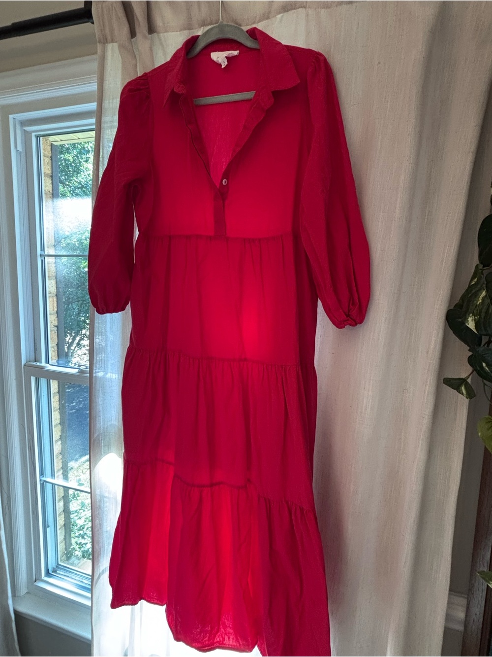 Pomander Place Bright Red Tiered Midi Shirtdress